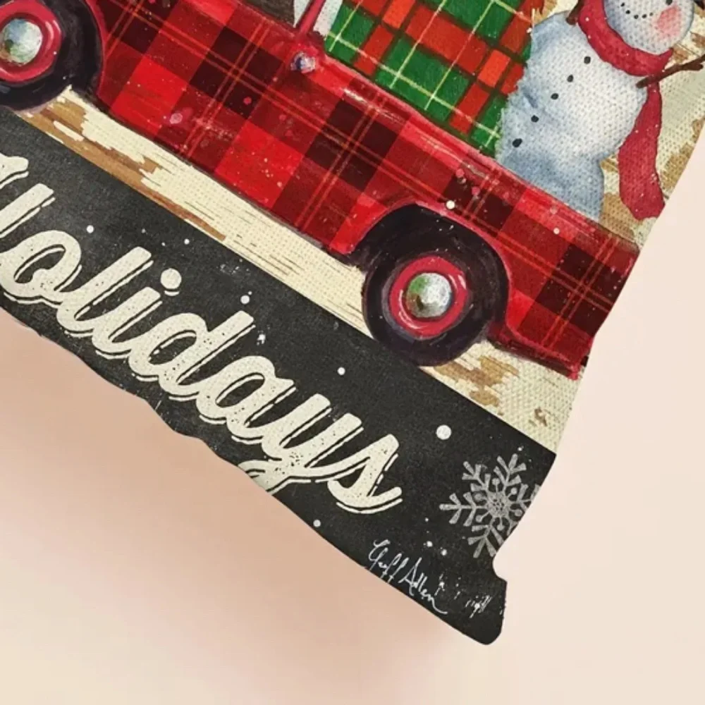 NEW HAPPY HOLIDAYS VTG TRUCK DOG SNOWMAN FARMHOUSE POLYESTER PILLOW COVER 17.7